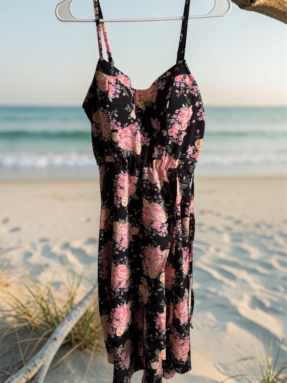 Lily Rose Black Floral Sundress with Pink Rose Print